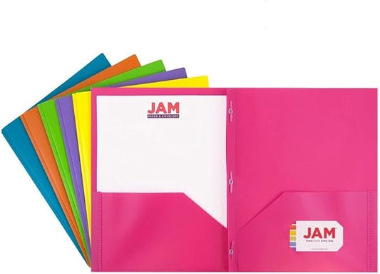 JAM PAPER Plastic 2 Pocket POP Folders - Durable School Folders with Metal Prongs Fastener Clasps - Assorted Fashion Colors - Bulk 96 Folders/Box (16 Assorted Packs of 6)