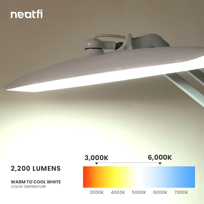 Neatfi XL 2,200 Lumens LED Task Lamp, 20W, 182 Pcs SMD LED, Dimmable, 4 Level Brightness, 3 Light Modes, Desk Light for Home, Office, Workbench (CCT, White)