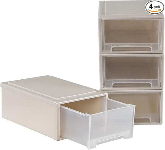Xyskin 4-Pack 12 Quart Plastic Compact Stacking Drawer Unit, Stackable Desktop Storage Drawer Box