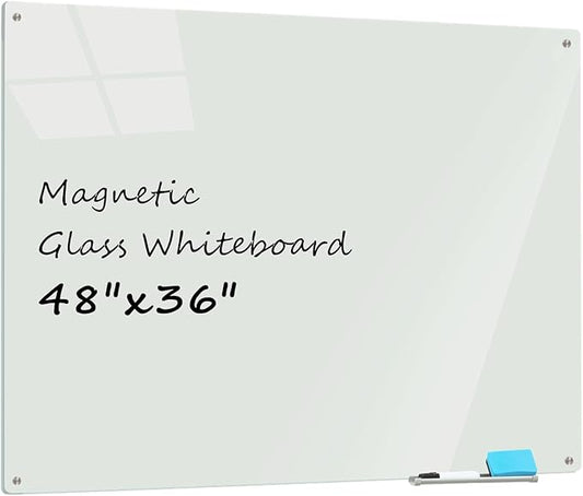 Glass Whiteboard 4' x 3', Magnetic Dry Erase Board Frameless Wall Mounting, Large Glass White Board for Office Home & School