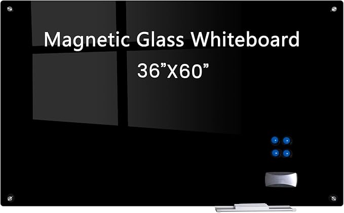 Magnetic Glass Dry Erase Board White Board Wall Mounted Whiteboard, Large Frameless Writing Board Black Glassboard, 60" W x 36" H