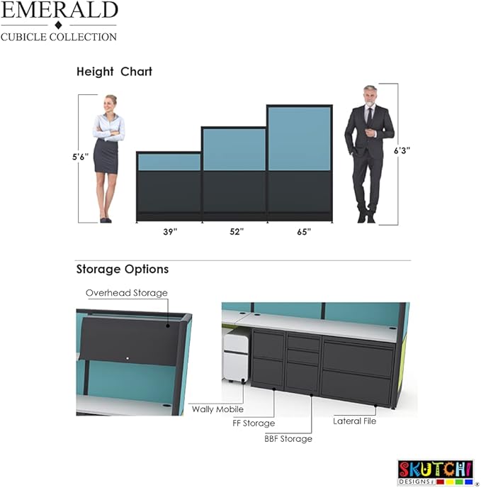 Workstation Wall Partition | Powered Cubicle Workstation | Privacy Office Divider with Glass | U Shape Single Cubicle | Emerald Collection | 5x5x65 H | Slate Fabric