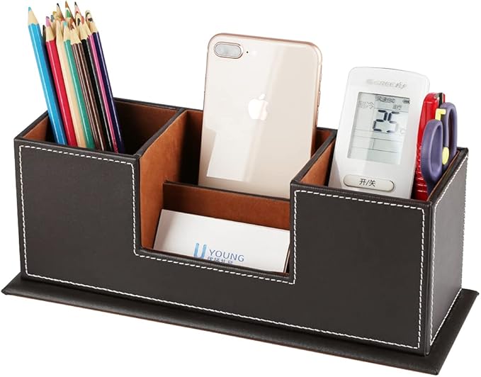 KINGFOM Wood + Leather Double-Holder Desk Organizer — Dark Brown