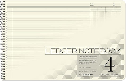 BookFactory Accounting Ledger Notebook/Large 4 Column Accounting Ledger Columnar (Four Columns) Log Book - 17'' x 11'', 100 Pages, Wire-O Landscape Format (Made in USA)