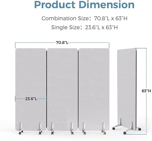 MORDEER 70.8" W x 63" H Freestanding Partition Room Dividers, Acoustic Panels with Wheels, 3 Soundproof Privacy Panels for Office, Reception Room, School, Hospital, Light Grey
