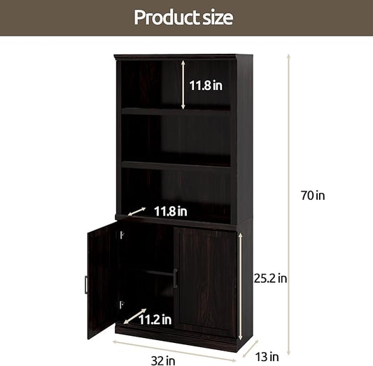 Bevfint 70 Inch Tall Bookcase with Doors, Library Office Bookshelf with Adjustable Shelves, Floor Standing Book Cabinet Shelves for Living Room Bedroom with Anti Tipping Kit, Dark Cherry Finish