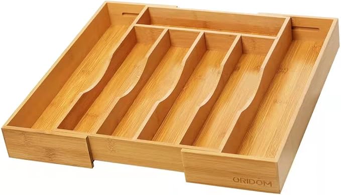oridom Expandable Bamboo Kitchen Drawer Organizer for Cutlery and Utensils, Adjustable Bamboo Wood Cutlery Tray in Drawer for Flatware and Silverware in Kitchen, (Natural)