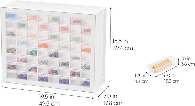 IRIS USA Bead Organizer Storage Bin Drawer Cabinet, 64-Drawer Plastic Organization Chest for Screws Bolts Nails Hardware Small Parts Electronics Charm Tools Scrapbook Art Craft Hobby Supplies - White