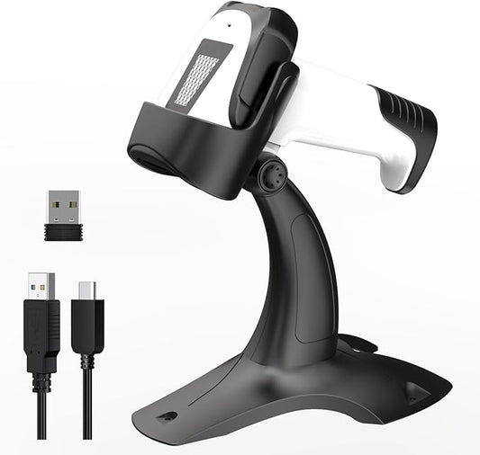Laser Wireless Handheld Barcode Reader with Stand Bluetooth & 2.4Ghz and USB Wired 3 in 1 Working 1800mAh for Computer POS, Handheld 1D Bar Code Reader for Warehouse Library Supermarket