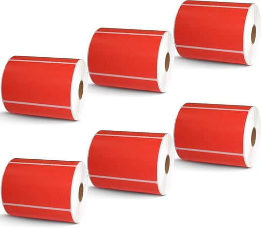 BETCKEY - 4" x 2.5" Shipping & Multipurpose Labels Compatible with Zebra & Rollo Label Printer,Premium Adhesive & Perforated[Red, 6 Rolls, 3720 Labels]