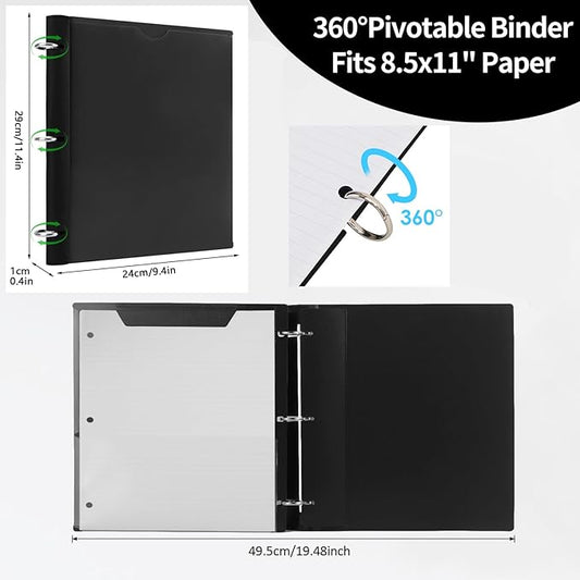 Tashkummy 360 Degree Pivotable Binder, Upgraded 3 Ring Binder 1 inch 4 Pack, Flexible Binders 3 Ring, Foldable Three Ring Binders- Black, White, Blue, Red