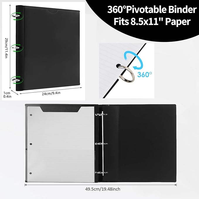 Tashkummy 360 Degree Pivotable Binder, Upgraded 3 Ring Binder 1 inch, Flexible Binders 3 Ring, Foldable Three Ring Binders- Black