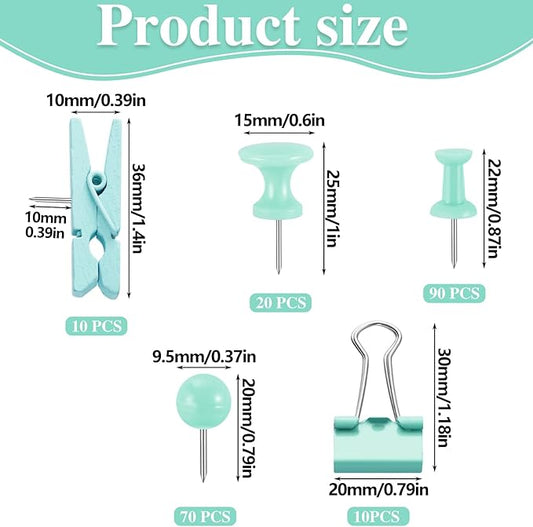 BESARME 200 Pieces Push Pins Set, 5 Types Green Thumb Tacks Cute Decorative Push Pins for Wall Cork Board Bulletin Boards with Storage Box