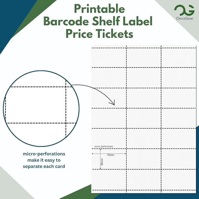 OfficeGear Barcode Price Labels — 21-up, 25 Sheets, 525 Pack, 38×70 mm, A4