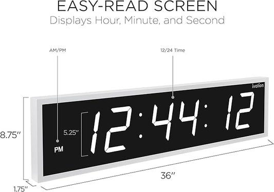 Ivation Oversized 36" Large Digital LED Clock | Big Digital Clock w/Multi-Function Display – Stopwatch, Timer, Alarms, Temp & Date | 6 Brightness Levels, Time Memory & Remote (White)