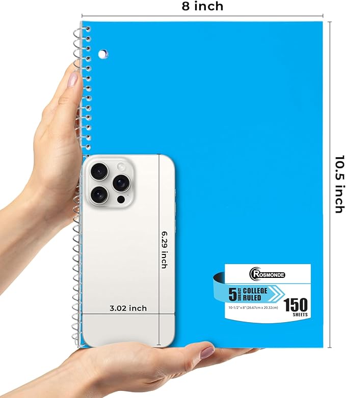 Rosmonde Spiral Notebook 36 Pack, 5 Subject, 300 Pages/Book (150 Sheets), College Ruled, 8 x 10-1/2, School & Office Bulk Spiral Notebooks, Sturdy Spiral Journal Notebook, Soft Cover, Assorted Colors
