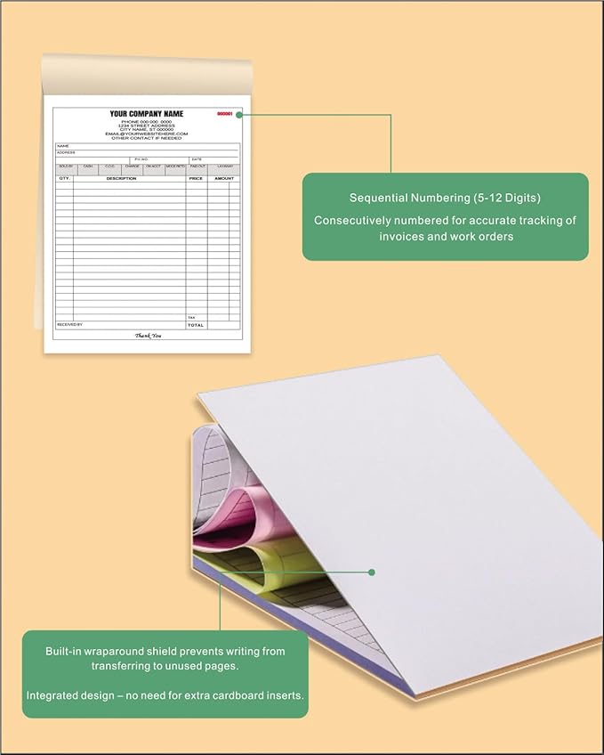 Custom Carbonless Invoice Book with Logo, Personalized Cover & Inner Pages, 2 Part NCR Receipt & Work Order Forms, Easy Tear, Writing Shield for Small Business (2-Part [White/Yellow], 8.3 x 5.5INCH)