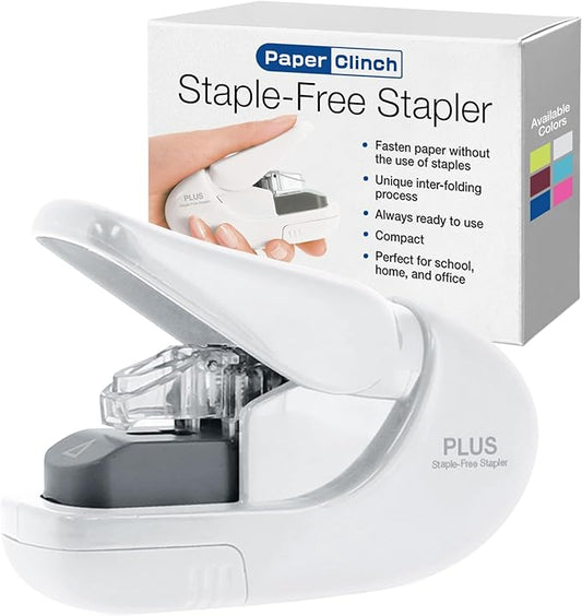 Plus Paper Clinch Compact Staple-Free Stapler — Ivory White