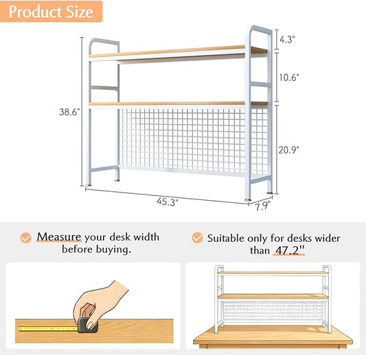 IOTXY 2-Tier Desktop Hutch Bookshelf - Metal Desk Shelf Bookcase with Grid Panel, Countertop Storage Organizer Rack for Dorm or Office, White, 45.3" W