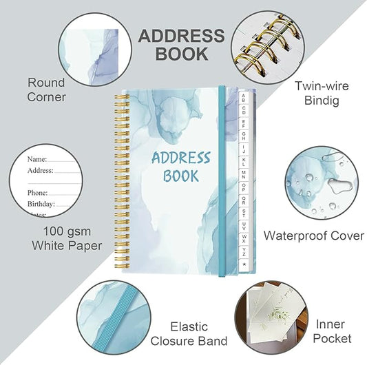 Address Book with Alphabetical Tabs - Small Address Book Spiral with Address Contacts, Special Date, Phone, Birthday & Internet Login Password for Home and Office, 4.3" x 6.2", Blue Watercolor