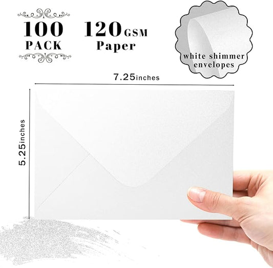 Shimmer Shiny White Envelopes 5.25 x 7.25 inches 100 PCS, Goefun A7 Euro V Flap Envelopes with Gummed Seal for 5 x 7 Cards, Wedding, Baby Showers, Birthday, Graduation