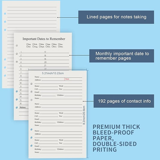 Happyaokeland Address Book Refill Pages 648 Contacts (236 Replacement Pages of Addresses, Birthday, Email) Durable Dividers with Alphabetical Tabs Large Print Refillable Pages Fits A5 6-Ring Binder