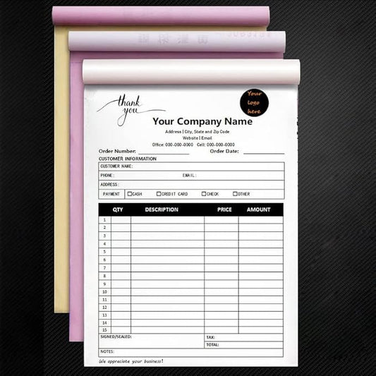 Custom Carbonless Sales Invoice Form Books for Small Business, Personalized NCR 3-Part Receipt Book with Carbon Copies, Cover Add Company Name, Address and Number Printed