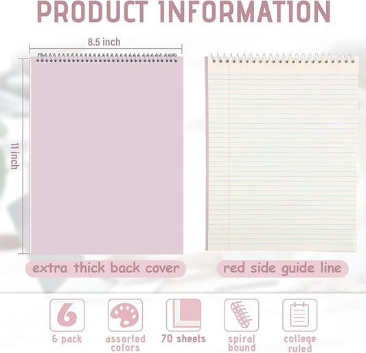 Maitys 6 Pcs Legal Pad Steno Spiral Notebook 8.5" x 11" Top Bound Spiral Pads Hard Cover College Ruled Notepad 70 Sheet Pad for School Office University Home(Pastel Color,Whimsical Style)