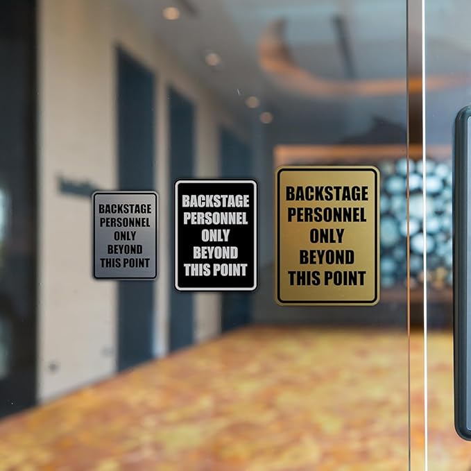 Portrait Round Backstage Personnel Only Beyond This Point Door or Wall Sign Easy Installation | Music | Concert | Festivals Sign (Brushed Gold) - Small (10 Pack)