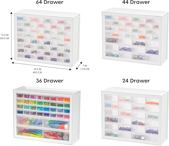 IRIS USA Bead Organizer Storage Bin Drawer Cabinet, 64-Drawer Plastic Organization Chest for Screws Bolts Nails Hardware Small Parts Electronics Charm Tools Scrapbook Art Craft Hobby Supplies - White