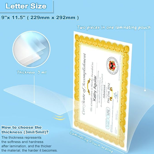 Laminating Sheets, 100 PCS 3 Mil Laminating Pouches 9 x 11.5 Thermal Laminate Sheets Holds 8.5 x 11 Inch Sheets, Universal Lamination Paper for Laminator, Photos, Files, Round Corner Letter Size