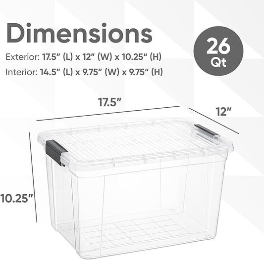 Superio Clear Storage Boxes with Lids, 26.5 Quart Plastic Container Bins for Organizing, Stackable Crates, BPA Free, Non Toxic, Odor Free, Organizers for Home, Office, School, and Dorm
