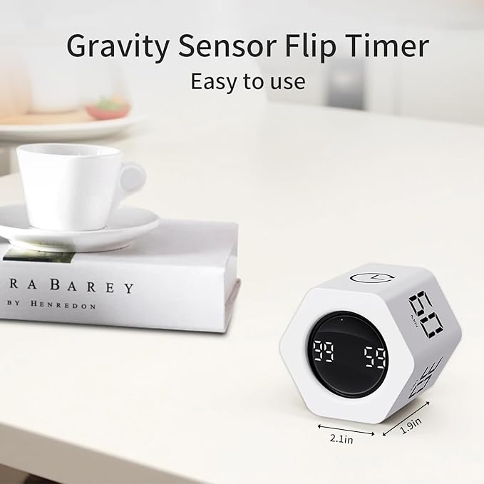 Productivity Timer Flip Gravity Sensor Cube Timer Countdown & Countup,Mute & Vibrate & Sound，5/10/30/60min & Custom Timing, Perfect for ADHD,Work,Learning,Kitchen Cooking (2, White Hexagon)