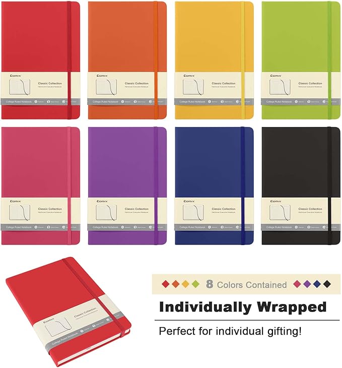 Comix 8 Pack Lined Journal Notebooks for Work, 240 Pages, 5.5"x8.3", Hardcover, A5 Medium College Ruled, Journaling Notebooks for Notes-taking, Fits for Office School Home