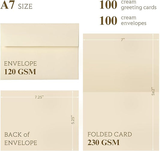 Goefun Cream Blank Cards and Envelopes, 5x7 Folded Ivory Cardstock and A7 Envelopes Self Seal 100 Pack for Wedding, Invitations, DIY Greeting Cardstock, Thank You Cards & All Occasion
