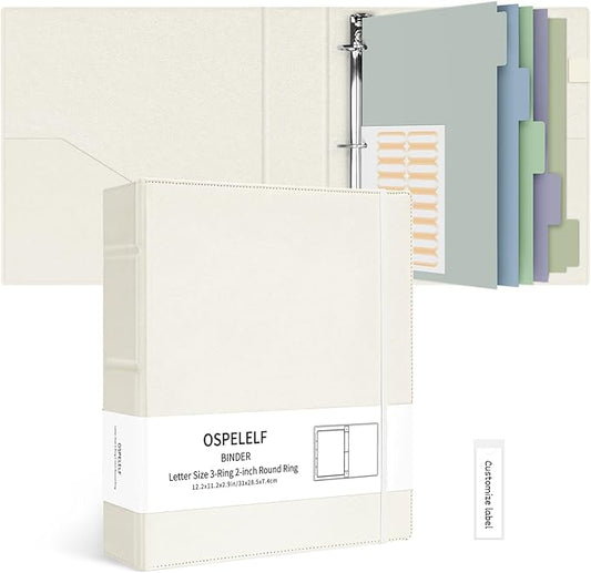 Ospelelf Vintage Hardcover 3 Ring 2 inch Leather Binder, Professional Binders Organizer Suitable for Letter Size Documents, Binder Dividers with Tabs, Beige