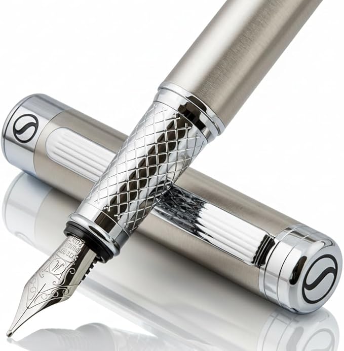 Scriveiner Stainless Steel Fountain Pen - Stunning Luxury Pen with Steel Finish, Schmidt Steel Nib (Medium), Pen Gift Set for Men & Women, Professional, Executive Office, Nice Designer Pens