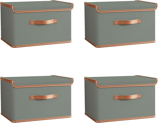 Tuza 4 Pack Storage Bins with Lids, Collapsible Closet Organizer Container, Fabric Organizer Box with Handles, Decorative Storage Boxes with Lids for Organizing Clothes, Blanket, Grey, Large