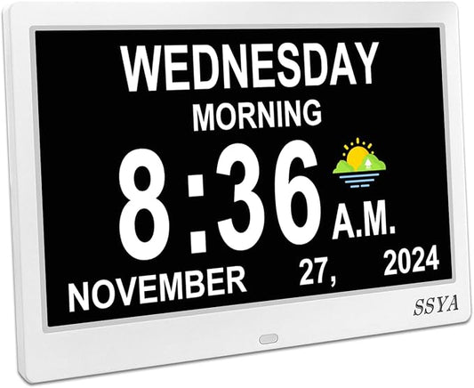 SSYA Dementia Clock for Seniors, Digital Clock with Date and Day of Week, Auto DST, Non-Abbreviated Large Calendar Alarm Clocks (White)