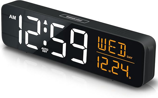 Peakeep Large Display Digital Alarm Clock for Bedrooms, Date Day of Week Desk Table Clocks for Living Room Office, Dimmable 5 Dimmers Plug in Electric Clock, Auto DST