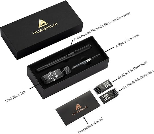 HUASHILAI Luxury Matte Black Forest Fountain Pen Set,Titanium Black Extra Fine and Medium Nibs,Includes 2 Ink Converters,10 Ink Cartridges,15ml ink，Premium Gift Case for Calligraphy (Extra Fine Nib)