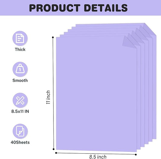 Cardstock 8.5 X 11, 40 Sheets, Light Purple Card Stock, 75lb/ 200gsm Copy Paper, Cardstock Printer Paper For Art, Drawing, Invitations, DIY Cards, Craft, Construction, School & Office Supplies