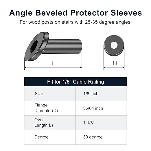 BLIKA 80 Pack 25 30 35 Degree 1/8" Black Cable Railing Angle Beveled Protector Sleeves, T316 Stainless Steel, Angle Protector Sleeves Deck Stair Cable Railing Hardware Kit for Wood Posts