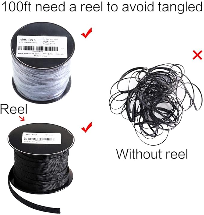 100ft - 1/4 inch PET Expandable Braided Sleeving – Black – Alex Tech Braided Cable Sleeve