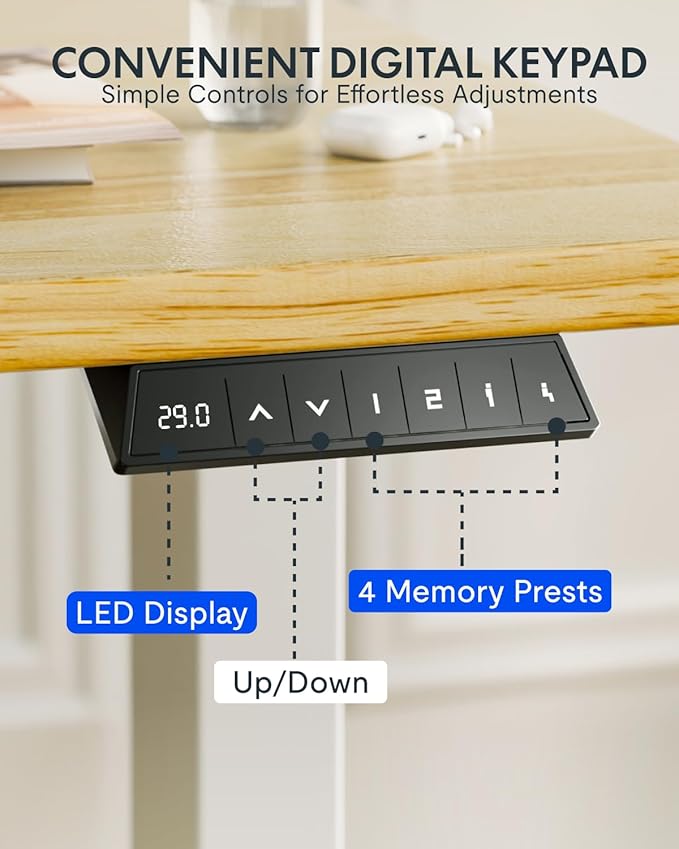 FLEXISPOT EN1 One-Piece Solid Wooden Standing Desk 55 x 24 Inches Height Adjustable Electric Sit Stand Home Office Desks (White Frame + Rubber Wood Top, 2 Packages)