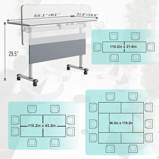 JEHUJD Conference Table,55.1''Folding Conference Room Table for 4-12 People,Mobile Flip Top MeetingTraining Table with Different Coulor and Styles for Offices, Classrooms,Meeting Room (2, 61''B)
