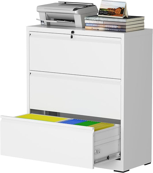 mysteeldepot 3 Drawer Lateral File Cabinet with Lock, Metal File Cabinet, Lateral File Cabinets for Home Office, Heavy Duty File Storage Cabinet for Legal/Letter/A4 Document, Assembly Required, White