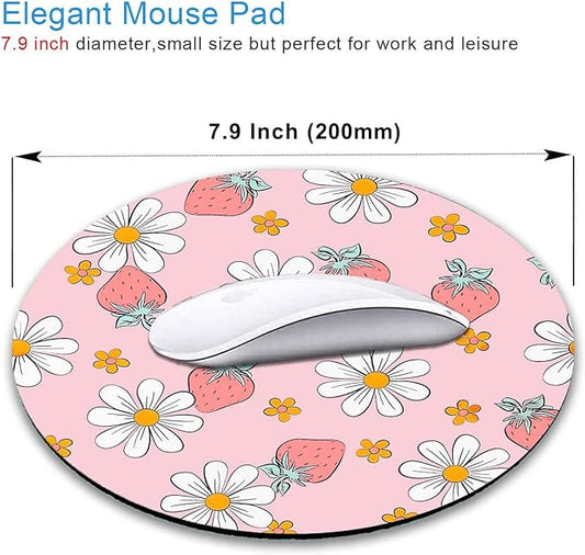 IMAYONDIA Round Pink Mouse Pad, Strawberry MousePad Small, Circular Pastel Floral Mouse Mat for Wireless Mouse, Non-Slip Rubber Base Cute Design Mice Pad for Laptop Computer Travel Women Kids, Flowers