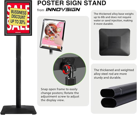 INNOVSIGN Heavy Duty Adjustable Pedestal Poster Sign Stand, 8.5x11 Aluminum Open Floor Standing Sign Holder for Vertical and Horizontal View Display (8.5x11,Black)