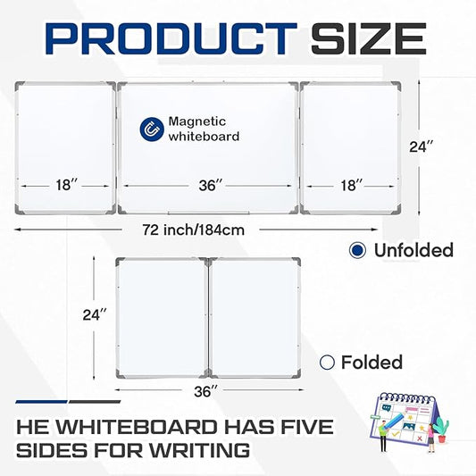 72" x 24" Foldable Whiteboard Dry Erase Board Large Tri Folding Whiteboard Magnetic Dry Erase Board, Wall Aluminium Frame and Flip Out Pen Tray for Office, Home